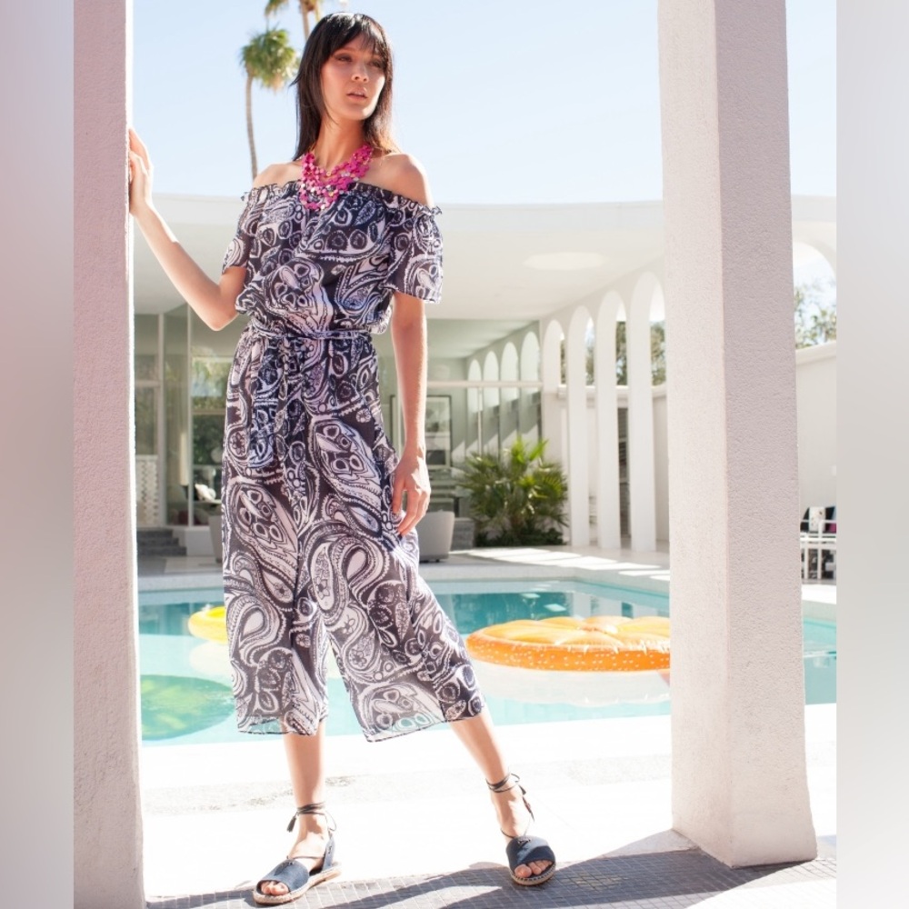 Trina Turk Silk Blue & White Paisley Presidio Key Wide Leg Cropped Jumpsuit XS